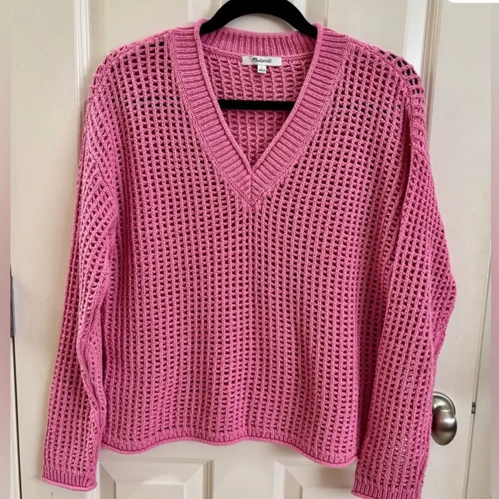 Madewell Pink Open-Knit V-Neck Sweater size medium oversized